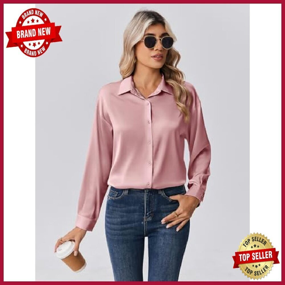 Long Sleeve Satin Button Down Blouse - Business Casual Fall Top - Picture 3 of 8